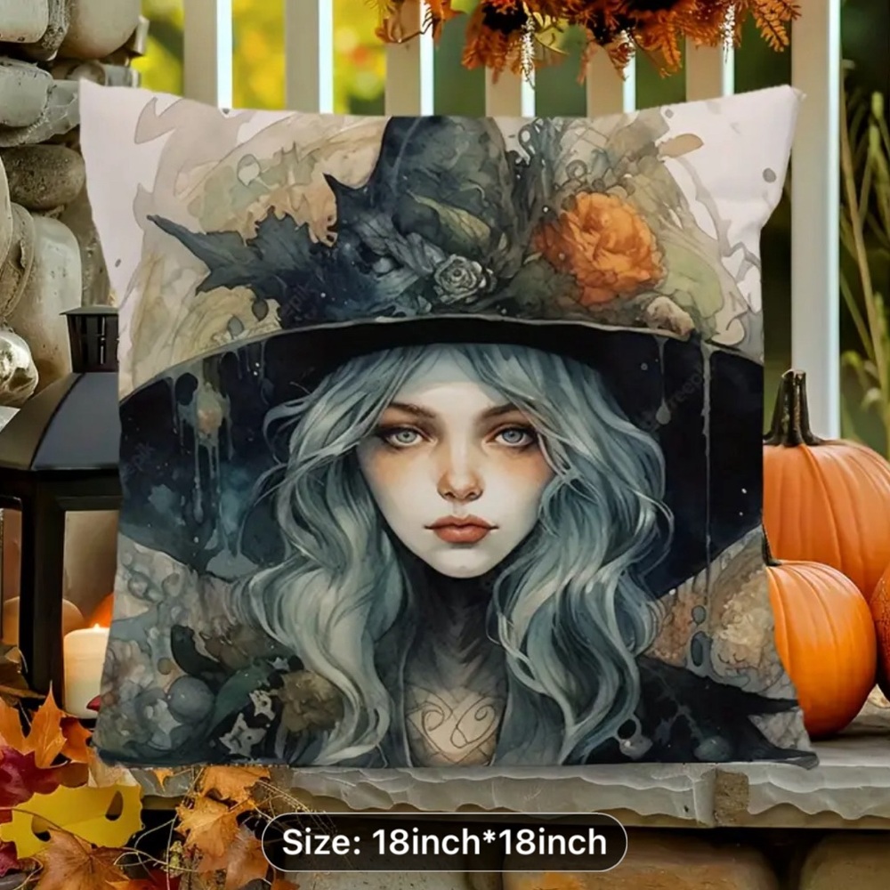 Halloween Decor Beautiful Witch Pillow Cover Castle, Pumpkins, 18”X18”